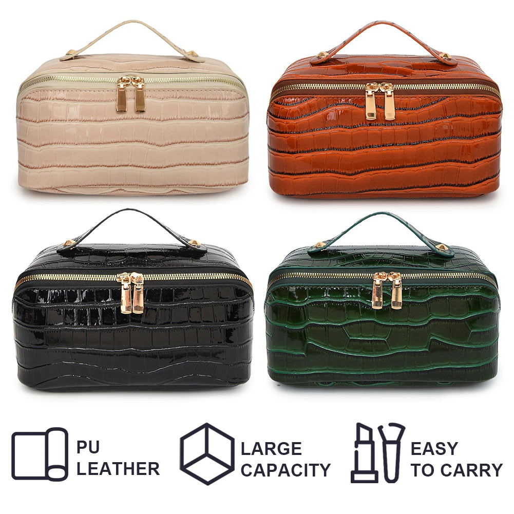 PU Leather Makeup Bag Simple Cosmetic Bag Multi-Compartment Travel Toiletry Bag Makeup Organizer Bag Women Cosmetics Handbag
