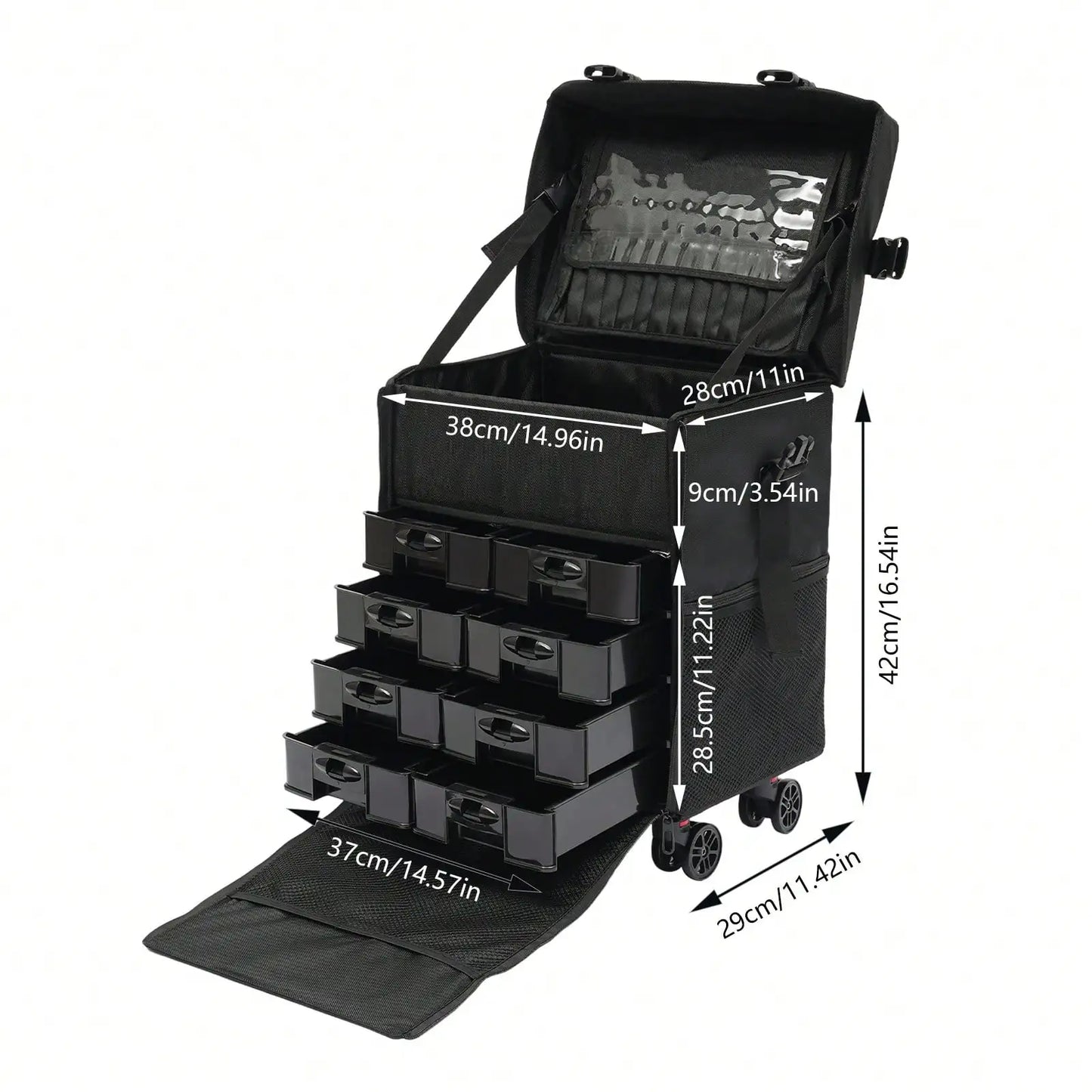 Professional Rolling Makeup Case w/ 8 Removable Drawers & 360° Wheels | Multi-Layer Cosmetic Trolley Black for Bridal MUA Travel