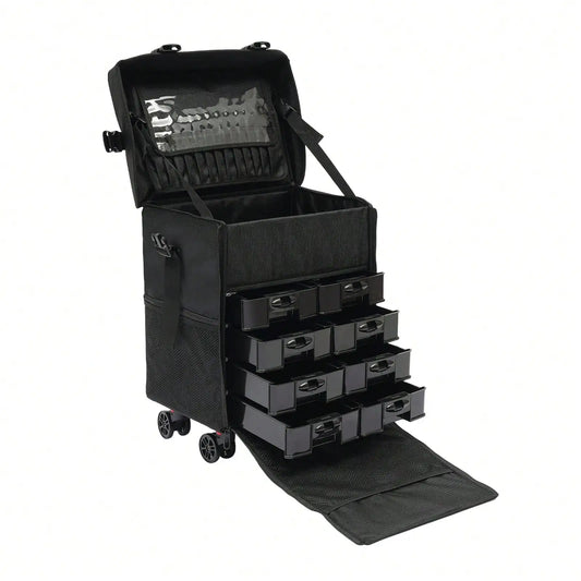 Professional Rolling Makeup Case w/ 8 Removable Drawers & 360° Wheels | Multi-Layer Cosmetic Trolley Black for Bridal MUA Travel